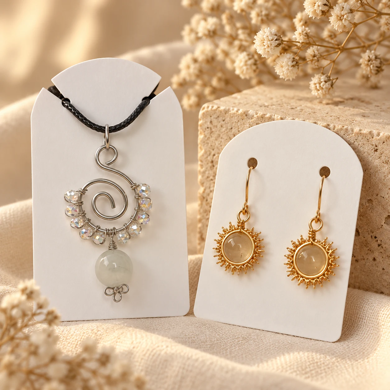 Handcrafted wire jewelry displayed on cream cards