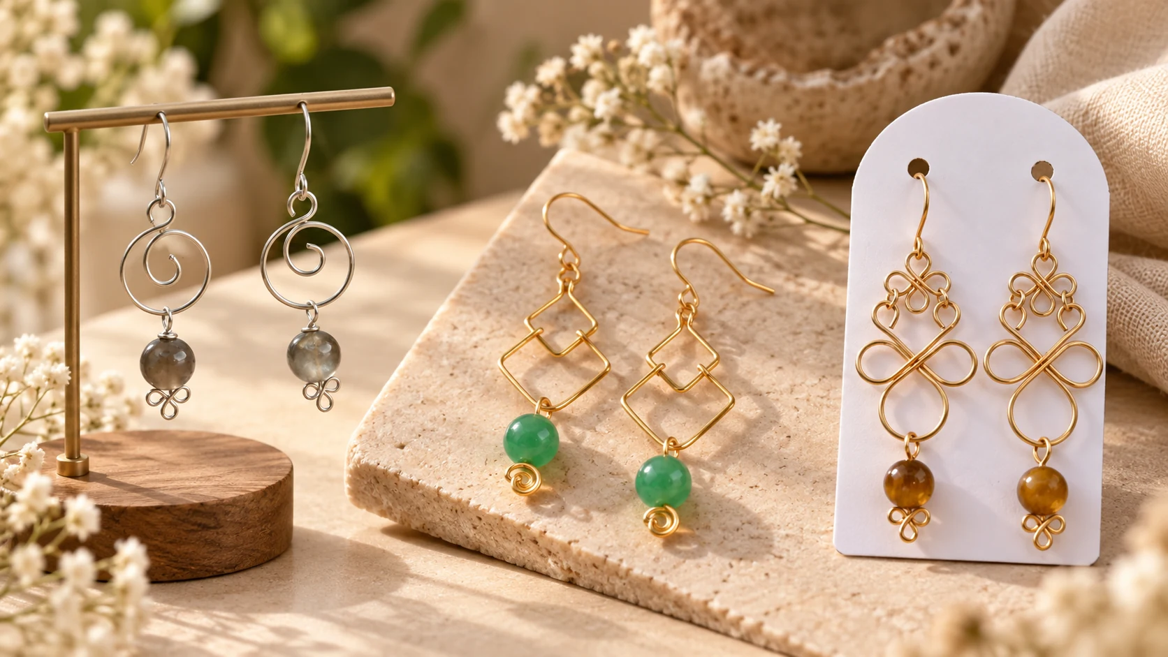 Three Gawang Likaw earring designs arranged on a display stand, flat lay and card holder