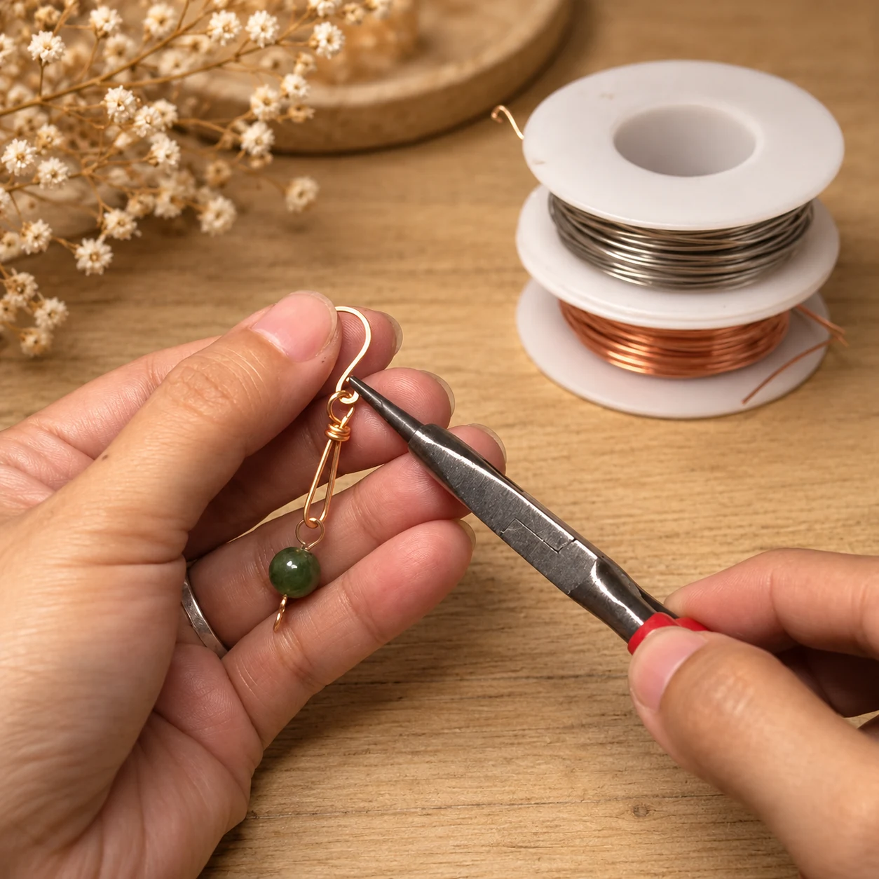 Hands using pliers to shape a gold wire earring with a green bead